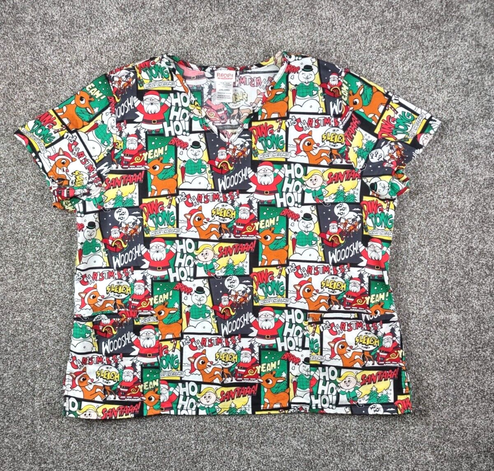 Rudolph The Red Nosed Reindeer Scrubs Top Sz 2XL Christmas Santa Hermey Snowman